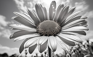 Sky Whisper – Monochrome Daisy Under Clouds