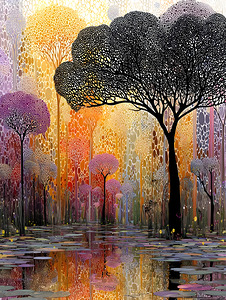 Lilywood Twilight – Mosaic Forest Reflection Print