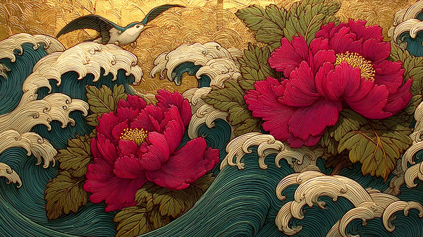 Hana To Nami No Uta 花と波の詩 - Poem Of Flowers And Waves - Japanese Floral Seascape Art Prints Print