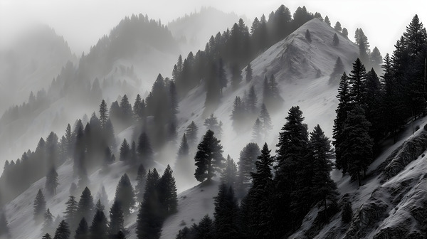 Mist Over Mountain Pines - Monochrome Landscape Art Prints Print