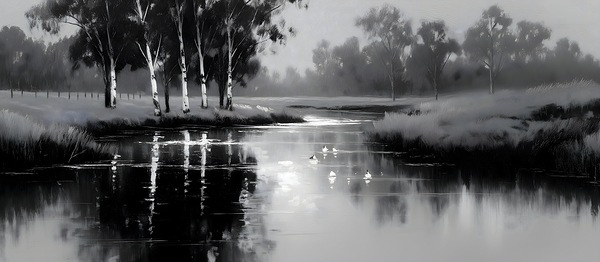 By the Riverbank - Monochrome Landscape Art Prints Print
