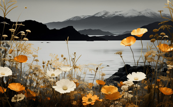 Golden Meadow by the Lake – Wildflower Panorama Print Print