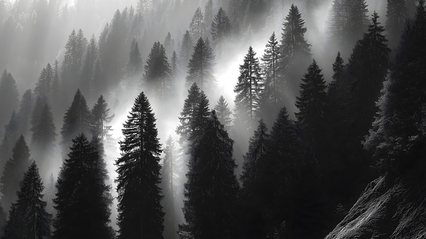Misty Pine Hillside - Monochrome Landscape Art Prints Print
