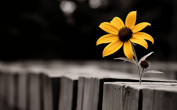Defiant Bloom – Yellow Flower on Fence Print Print