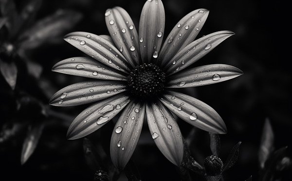 Ashlight Bloom – Monochrome Petal Elegy Print Print