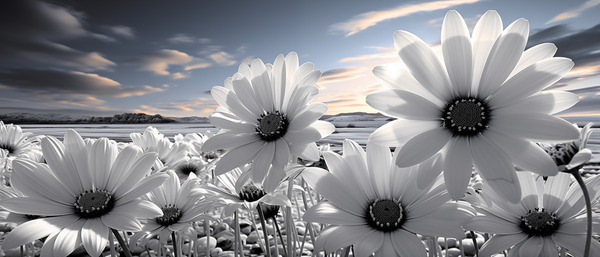 Silent Harmony – Black & White Garden Daisy Art Print Print