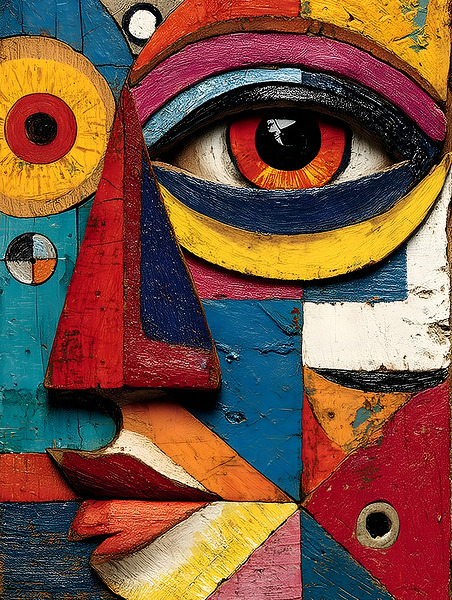 Patchwork Gaze – Modern Cubist Portrait Print Print