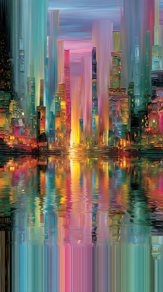 Vertical Metropolis – Neon Skyline Reflection Print Print