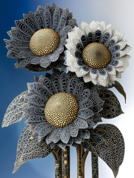 Gilded Sunflower Filigree – Ornate Floral Art Print Print