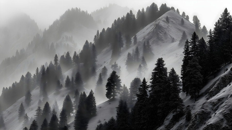 Mist Over Mountain Pines - Monochrome Landscape Art Prints  Print