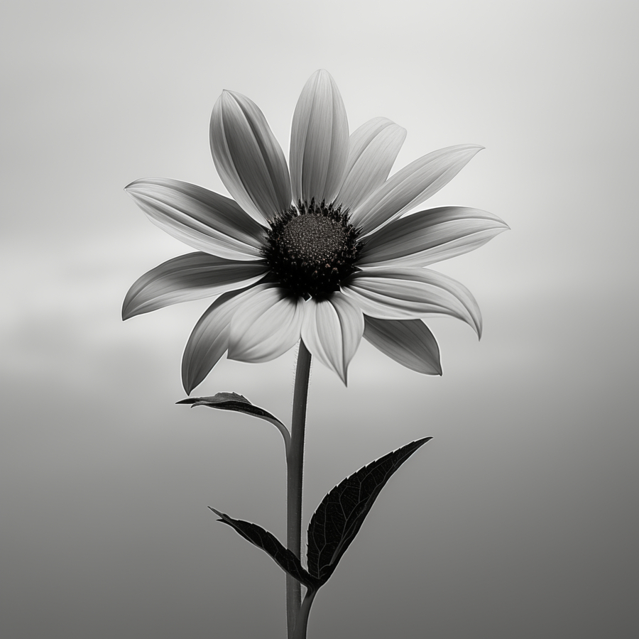 Solitary Grace – Monochrome Sunflower Portrait Print  Print