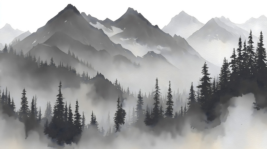 Misty Mountain Pines - Monochrome Landscape Art Prints  Print