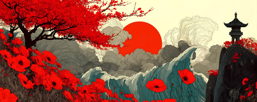 Sakura To Taiyo 桜と太陽 - Cherry Blossoms And Sun - Japanese Floral Art Prints  Print