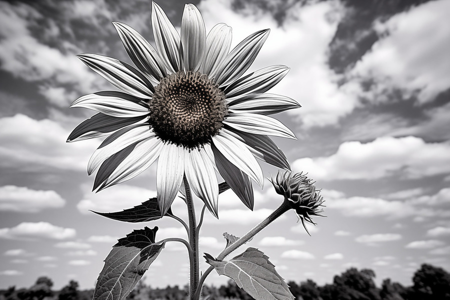 Skyward – Monochrome Sunflower Landscape Print  Print