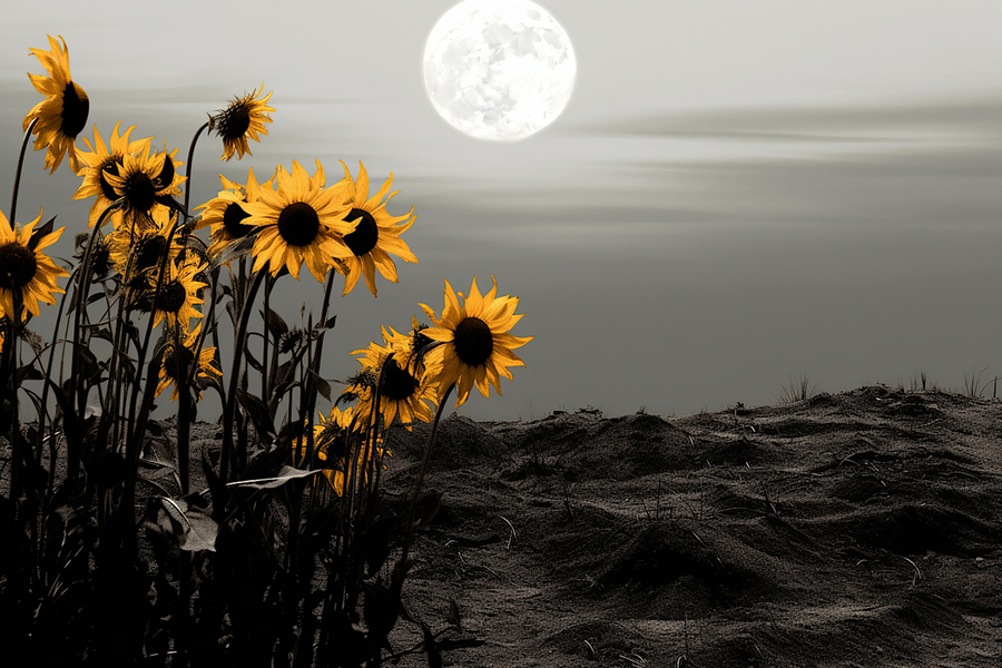 Harvest Moon – Golden Sunflowers by Moonlight Print  Print