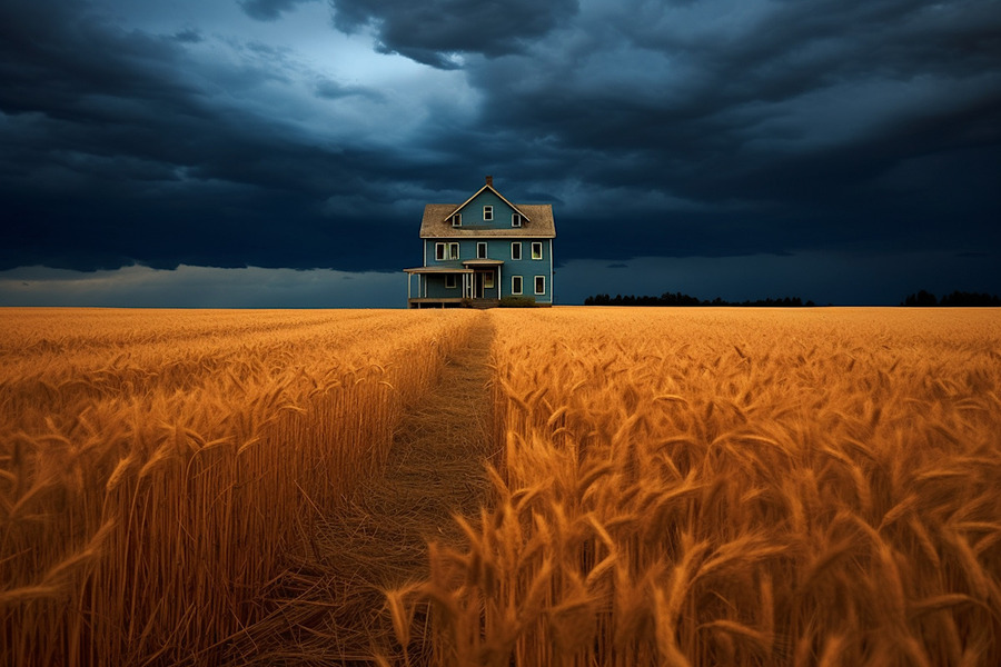 Historical – Golden Prairie Cabin Landscape Art Print  Print