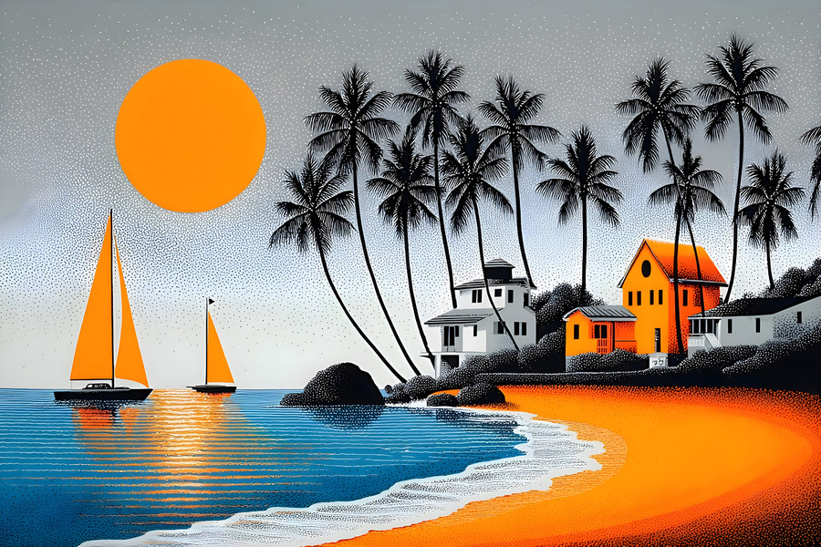 Orange Sun Harbor - Tropical Modern Print  Print
