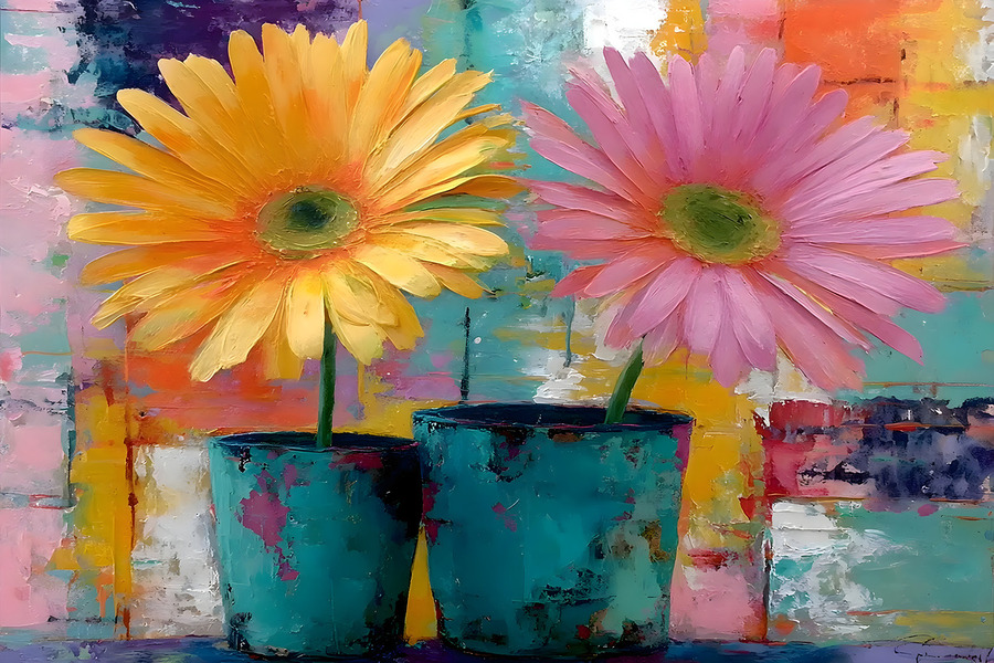 Patio Pots – Cheerful Gerbera Duo Print  Print