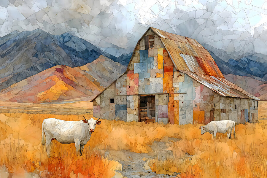 Mosaic Barn & Two White Cows – Farmhouse Landscape Art Print  Print