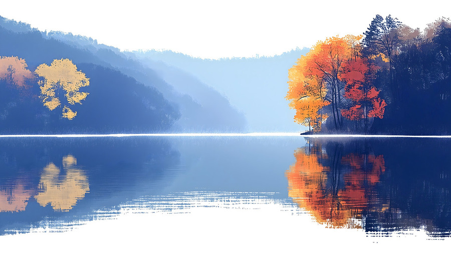 Blue Haze – Misty Lake Reflection Print  Imprimer