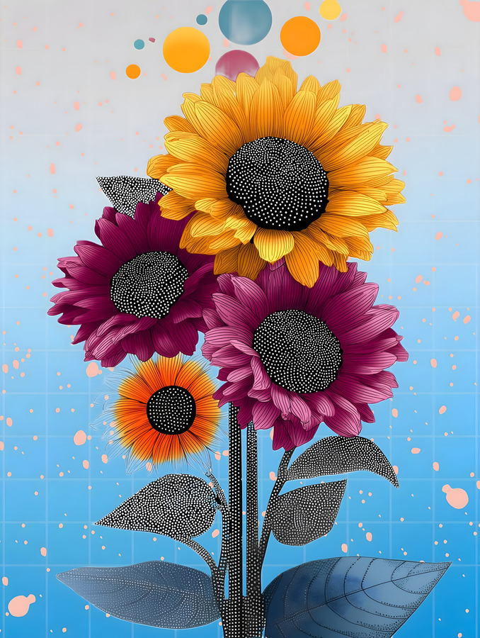 Orbiting Sunflowers – Modern Pop Botanical Print  Print