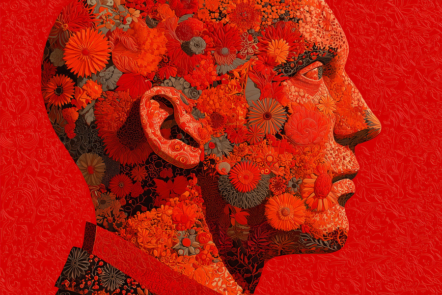 Mind in Bloom - Red Floral Mosaic Portrait Art Print  Print