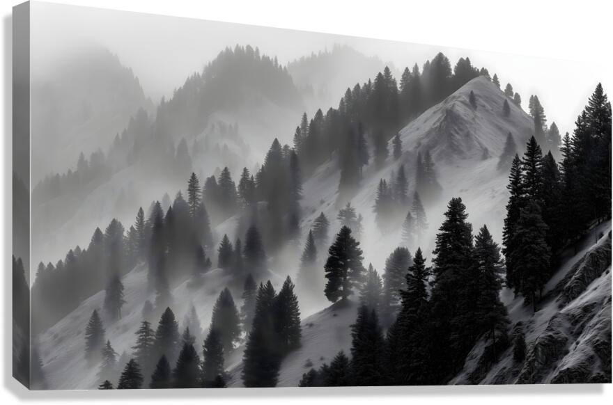 Mist Over Mountain Pines - Monochrome Landscape Art Prints Canvas Print