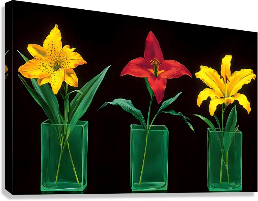 Neon Stems – Trio of Lilies on Black Print Canvas Print