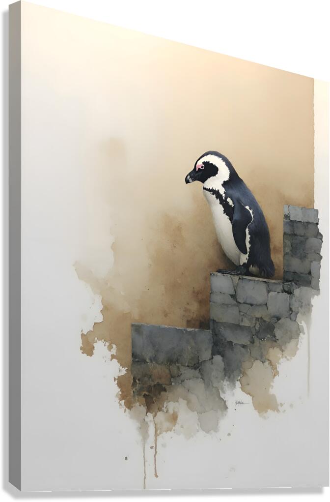 Steps of Solitude – Penguin on Stone Wall Print Canvas Print