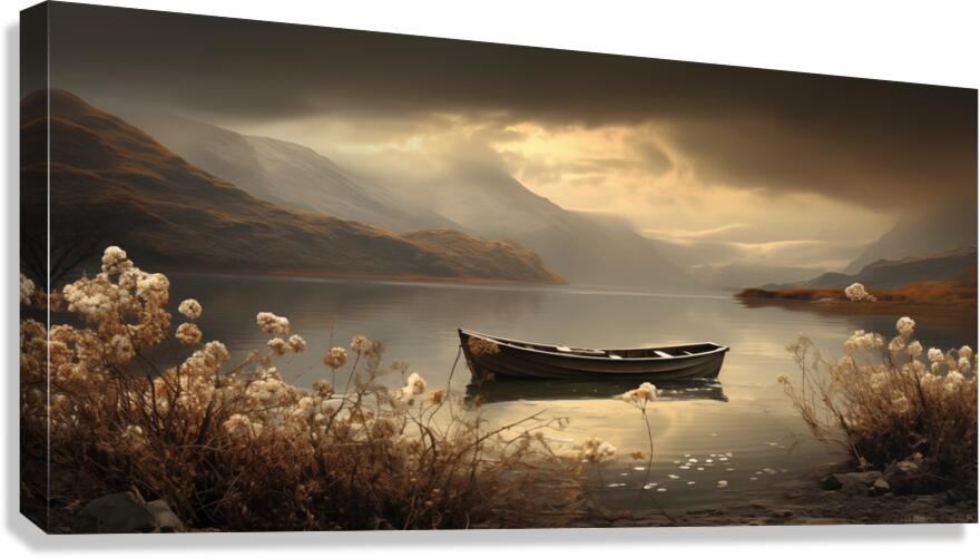 Silent Passage – Golden Boat Landscape Print Canvas Print