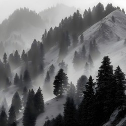Mist Over Mountain Pines - Monochrome Landscape Art Prints