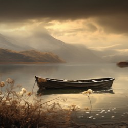 Silent Passage – Golden Boat Landscape Print