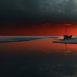 Scarlet Sun Lake – Minimalist Sunset Reflection Print