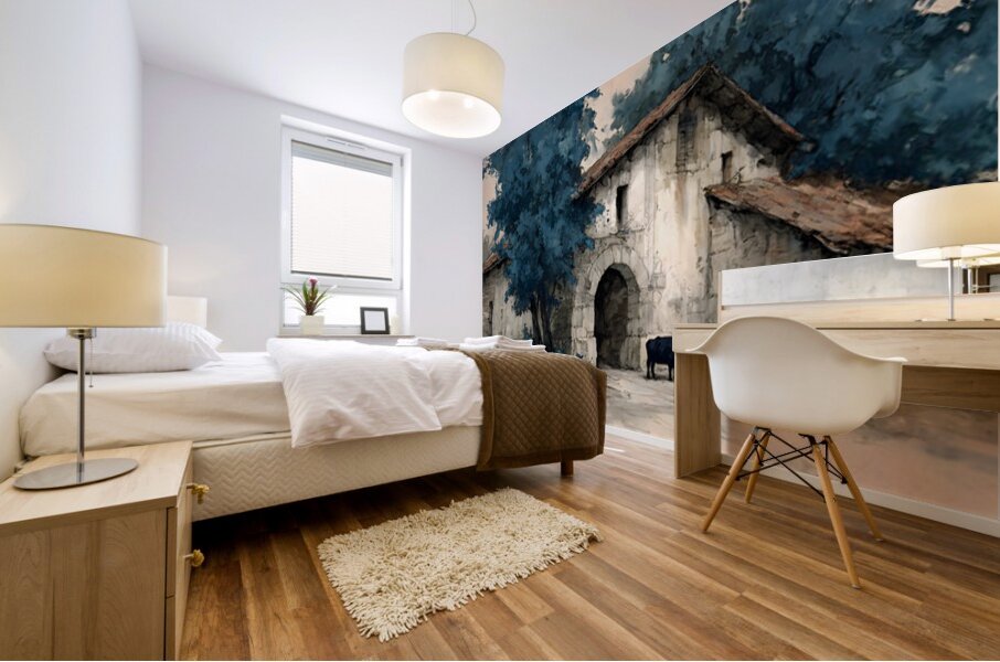 Cows by the Stone Arch – Farmhouse Landscape Art Print Mural print