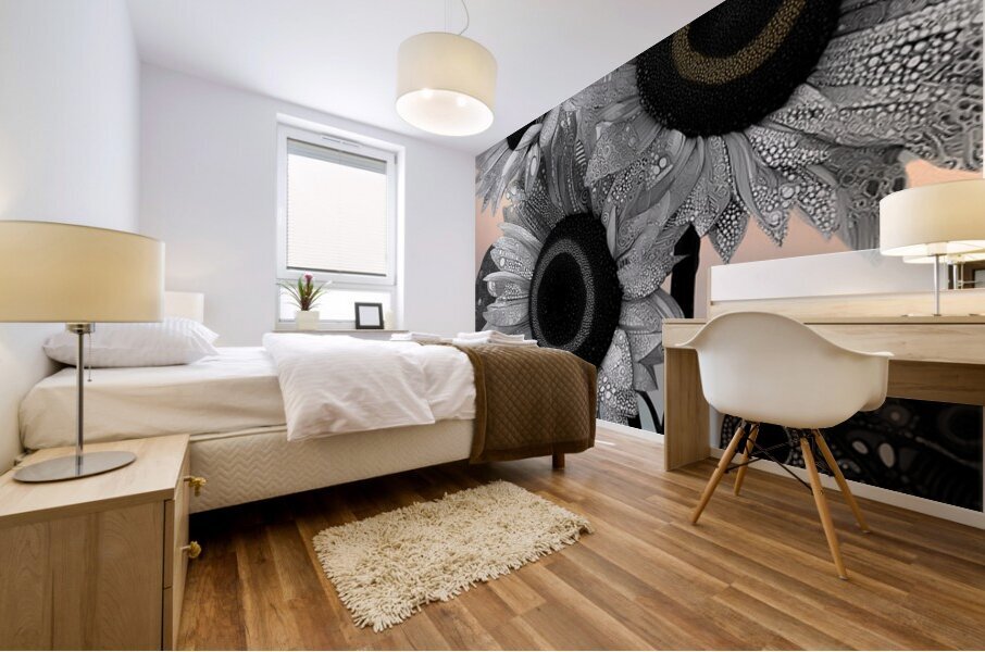 Ink & Ivory Sunflowers – Black & White Floral Art Print Mural print
