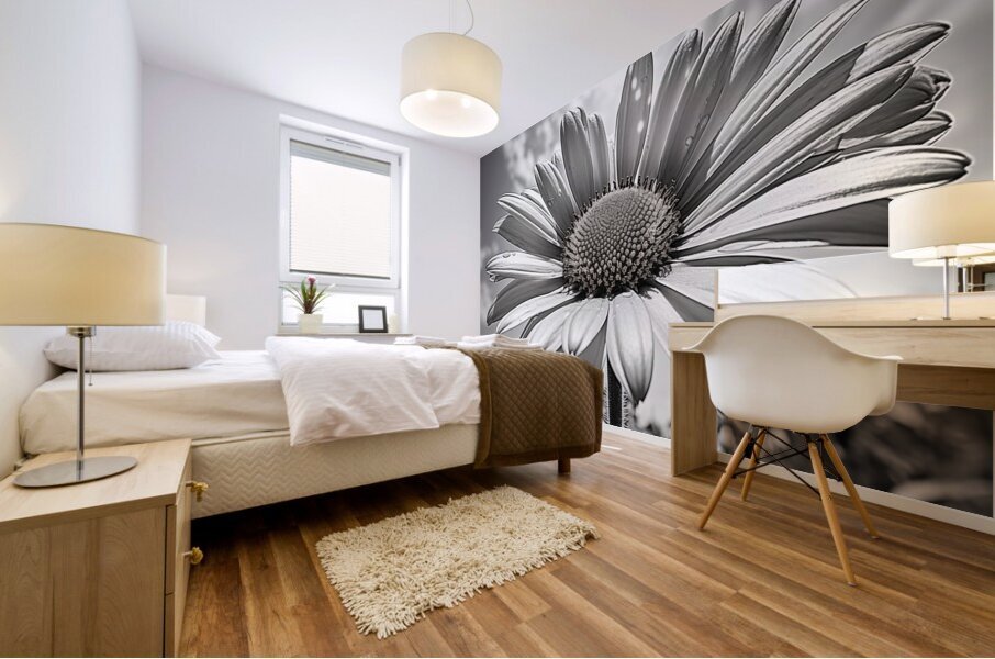 Sky Whisper – Monochrome Daisy Under Clouds Mural print