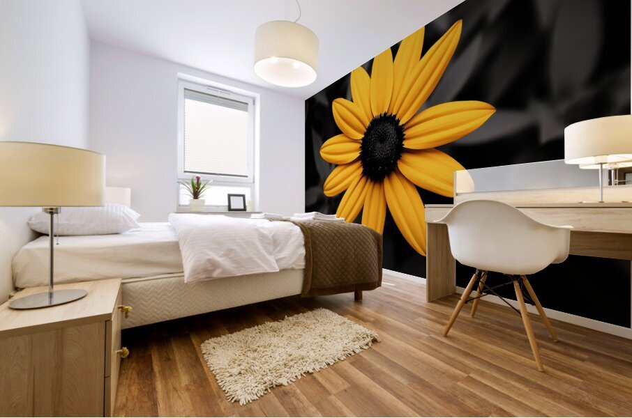 Lone Glow – Yellow Sunflower on Black Print Mural print