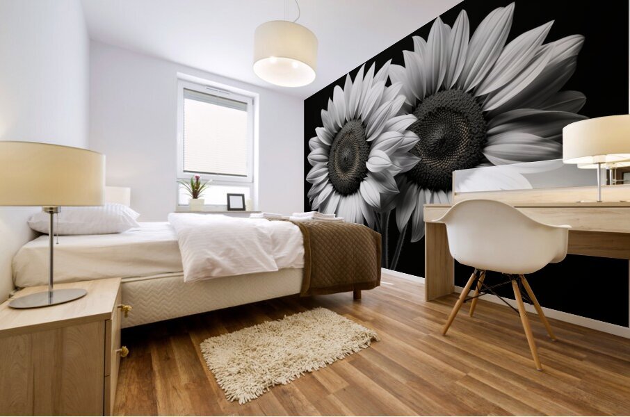 Twin Souls – Monochrome Sunflower Pair Print Mural print