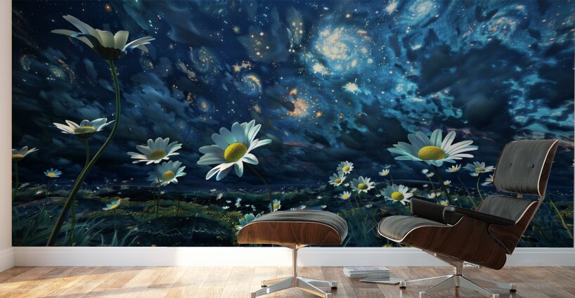 Stardust And Petals - Midnight Blue Floral Art Prints Wall Murals