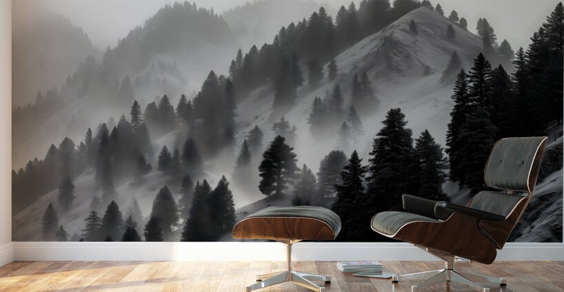 Mist Over Mountain Pines - Monochrome Landscape Art Prints Wall Murals