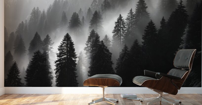 Misty Pine Hillside - Monochrome Landscape Art Prints Wall Murals