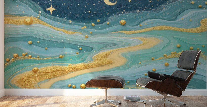 Golden River Flow – Fluid Abstract Art Print Wall Murals