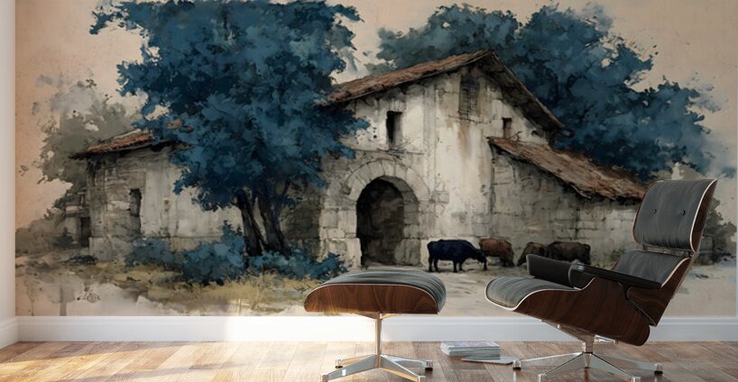 Cows by the Stone Arch – Farmhouse Landscape Art Print Wall Murals