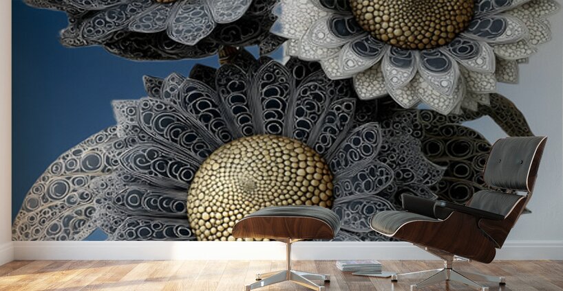 Gilded Sunflower Filigree – Ornate Floral Art Print Wall Murals