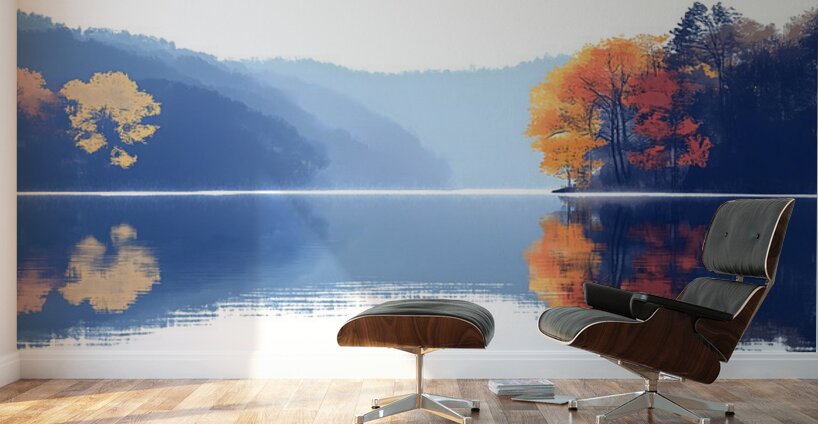 Blue Haze – Misty Lake Reflection Print Wall Murals