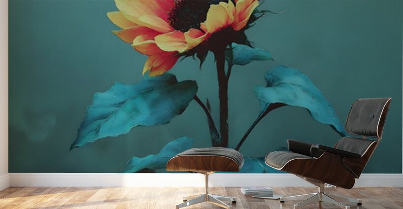 Teal Garden Sunflower – Moody Botanical Art Print Wall Murals