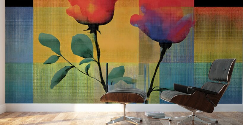 Roses on a Grid – Modern Geometric Botanical Print Wall Murals