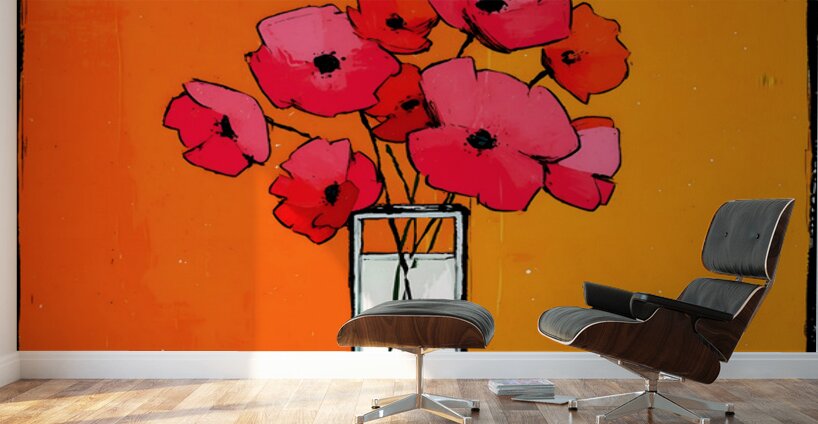 Poppies Against the Fire – Retro Minimal Floral Print Wall Murals