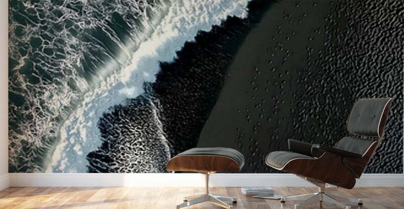Black Sand Surge – Dramatic Aerial Beach Print Wall Murals