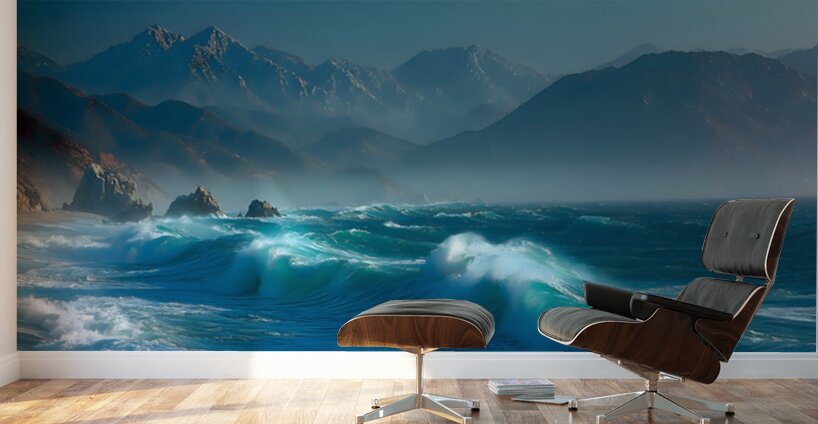 Sapphire Break – Crashing Ocean Wave Art Print Wall Murals